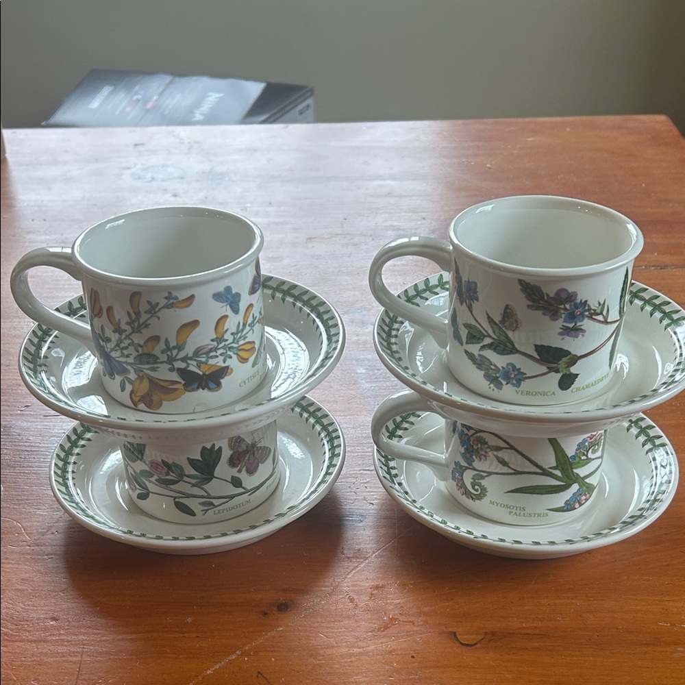 Portmeirion Botanic Garden Teacup & Saucer Set 4 Assorted Motifs Vintage Mugs